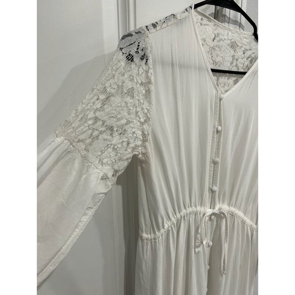 White Lace Boho Long Dress Button Front Drawstring Waist Beachy Coastal Sz - Picture 4 of 7